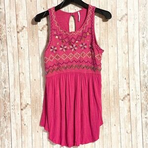Free People Hot Pink Fuchsia Embroidered Beaded Flowy Boho Peplum Top Size Small